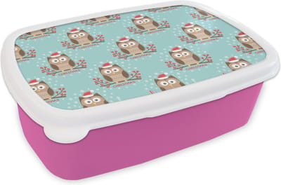 Broodtrommel Roze - Lunchbox - Brooddoos - Patronen - Uil - Kerst - 18x12x6 cm - Kinderen - Meisje