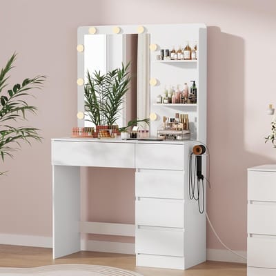 Kaptafel met spiegel - Make-up tafel - Snel klaarmaken - Verstelbaar licht - 80 cm breed - Wit