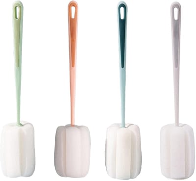 QTTVBTNA - Spons Bekerborstel - Schoonmaakborstel - Lange Handvat - Voor Bekers, Flessen - Wit/Groen/Blauw/Roze - 25cm - 4 Stuks