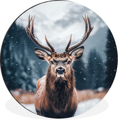 WallCircle - Wandcirkel - Muurcirkel - Hert - Dieren - Landschap - Winter - Sneeuw - Aluminium - Dibond - 30x30 cm - Binnen en Buiten