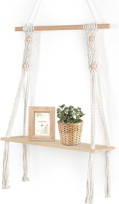 Houten Boho Wandplank - Hangende Macramé Plank voor Balkon, Badkamer en Slaapkamer - Handgeweven Drijvende Plank voor Woonkamer Decoratie