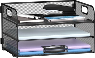 Papierorganizer met 3 niveaus met handvat, mesh bureau-organizer, brievenbak, papierlade, organizer, bestandsorganizer voor A4-bestandsmappen, zwart
