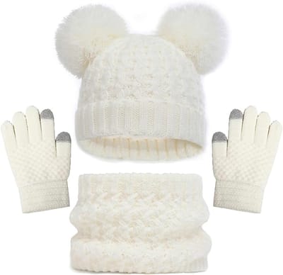 wit - Sjaal en handschoenen Hoed 3-delige set, kinderen gebreide warme nekwarmer muts touchscreen handschoenen, winteraccessoires voor meisjes jongens 2-8 jaar oud skiën buitenactiviteit