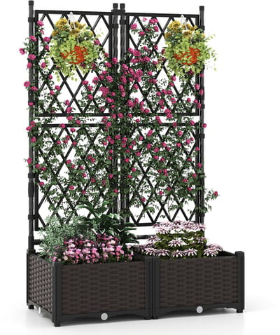 COSTWAY Bloembak met rankrooster, metaal en PP, plantenbak voor klimplanten, verhoogd bed met latwerk en zelfbewatering, bloembak voor tuin, balkon, tuinlatwerk, wijnbak, zwart, 80 x 40 x 120 cm