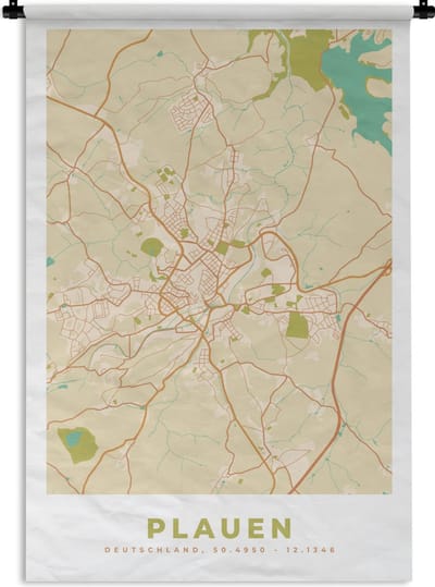 Wandkleed - Wanddoek - Plauen - Plattegrond - Kaart - Vintage - Stadskaart - 120x180 cm - Wandtapijt