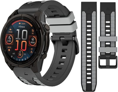 Stravo Premium Duo-kleur Siliconen Horlogebandje – Quickfit 22mm – geschikt voor Garmin Fenix 8 (Pro-E-47mm) - Fenix 7 & 6 (Solar-Pro) - Fenix 5 (Plus) / Forerunner 970-965-955-945 / Epix Gen 2 -Pro 47mm/Quatix 7- 8 / Fenix 8(Pro/E) – Zwart / grijs