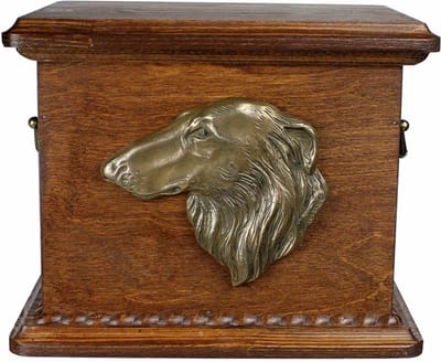 Persoonlijke urn voor Borzoi-hond, met gravure en reliëf voor as.
