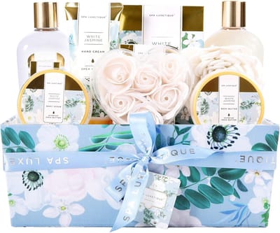 Spa Luxetique - Sweet & Floral - XL Wellness Geschenkset Vrouwen in Cadeaumand - Verwenpakket White Jasmine - Wellness bath - Verjaardag Cadeau Vrouw, Moeder, Mama, Zus, Vriendin, Oma, Juf - Cadeautje voor haar