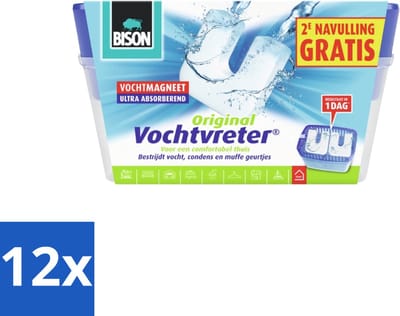 Bison - Original - Vochtvreter - Houder met Vochtmagneet - 900 Gram - Extra navulling - Geurloos - Voordeelverpakking - 12 stuks