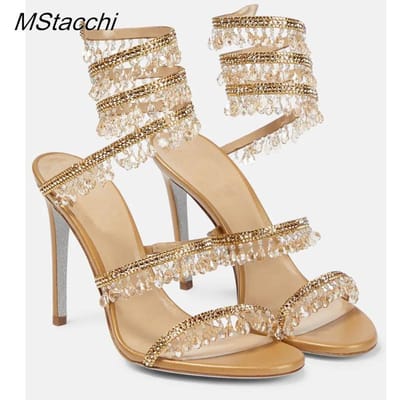 Kristallen Wikkelsandalen Dames Zomer Bruiloftsschoenen Hoge Hak Feestschoenen Enkelbandjes Sandalen Designer Naaldhak Schoenen 36 beige