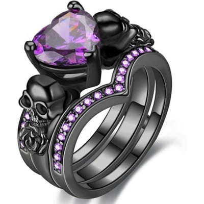 Ensemble de Bagues de Fiançailles Fleur Rose Noire Crâne Gothique Cœur Rouge Violet Zircon Cristal Bijoux Cadeaux d'Halloween 8