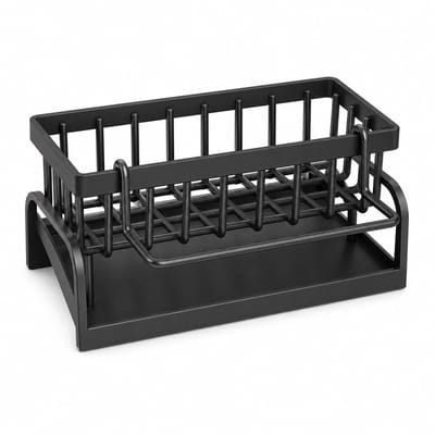 PolkaHome Wastafel Organizer Zwart – Keuken Opbergrek met Uitlekbak en Afneembare Doekhouder – Voor Spons, Borstel, Vaatdoek en Afwasmiddel – Kunststof – 24,5 x 12 x 10 cm