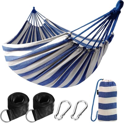 Outdoor Katoenen Hangmat 210 x 150 cm, Draagvermogen tot 200 kg, Inclusief Opbergtas voor Tuin en Patio - Lichtgroen, Ideaal voor Buitengebruik en Ontspanning