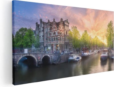 Artaza Canvas Schilderij Amsterdam - 40x20 cm - Klein - Wanddecoratie Grachten - Muurdecoratie Zonsondergang - Schilderijen Op Canvas Skyline