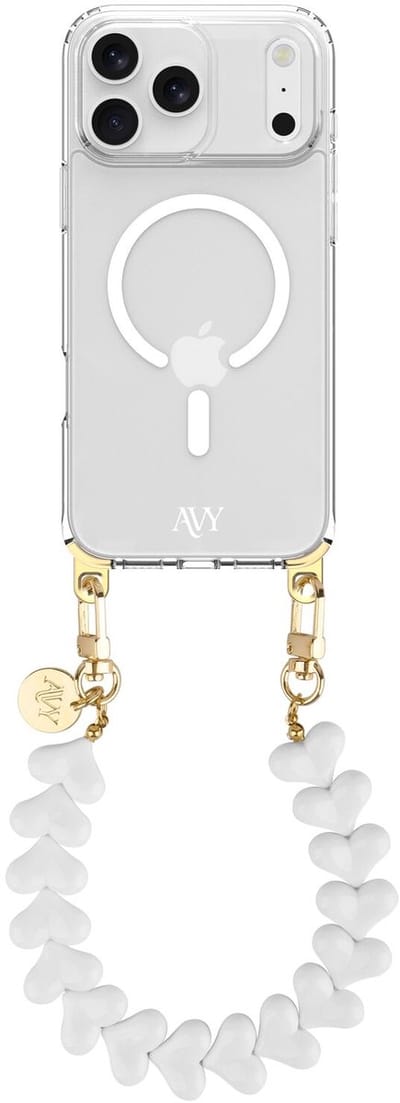 AVY Hoesje geschikt voor Apple iPhone 17 Pro | Compatibel met MagSafe | Clear Case met Telefoonkoord 30CM | Polsband Cupid White