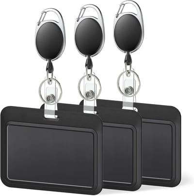 Set van 3 Horizontale Zwarte Hard Plastic ID Kaart Houder met Retractable Holder en Carabiner voor Kantoor, School, Identiteitskaarten, Creditcards en Sleutels