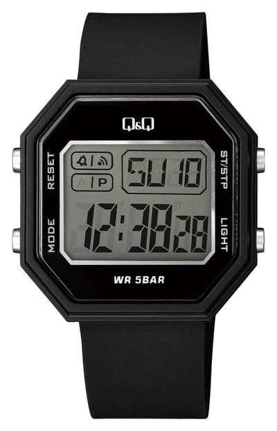 Q&Q M206J001Y - Horloge - Polshorloge - Digitaal - Unisex - Rubber band - Achthoek - Kunststof - Datumaanduiding - 100 jaar kalender - Stopwatch - Alarm - Tweede tijdzone - Backlight - Zwart - Transparant