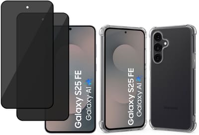 TechNow Hoesje + 2x Privé Screenprotector geschikt voor Samsung Galaxy S25 FE Hoesje Screenprotector - Privacy Tempered Glass - Case Transparant
