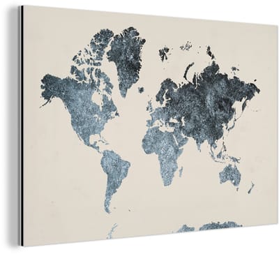 Aluminium schilderij 150x100 cm - Wanddecoratie metaal - Wereldkaart - Zwart - Zilver - Metalen muurdecoratie woonkamer - Decoratie industrieel - Foto op dibond - Industriële accessoires slaapkamer