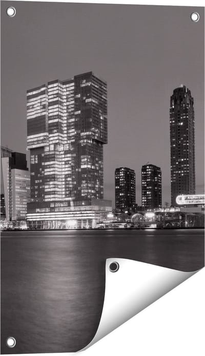 Gards Tuinposter Rotterdamse Skyline - Zwart Wit - 40x60 cm - Tuindoek - Tuindecoratie - Wanddecoratie buiten - Tuinschilderij