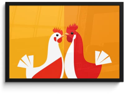 Poster in lijst - Fotolijst 60x40 cm - Posters - Kippen - Oranje - Vlakken - Posterlijst zwart - Decoratie - Wanddecoratie woonkamer - Muurdecoratie slaapkamer
