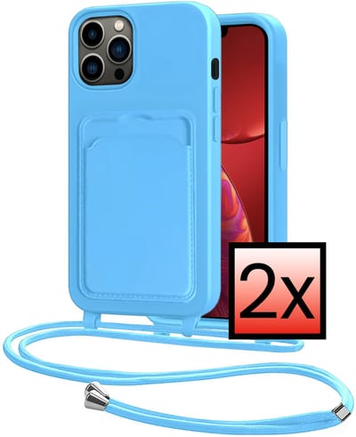 Hoes Geschikt voor iPhone 13 Pro Hoesje Pasjeshouder Cover Met Koord Case Siliconen Hoes Met Telefoonkoord en Kaarthouder - Lichtblauw - 2 PACK