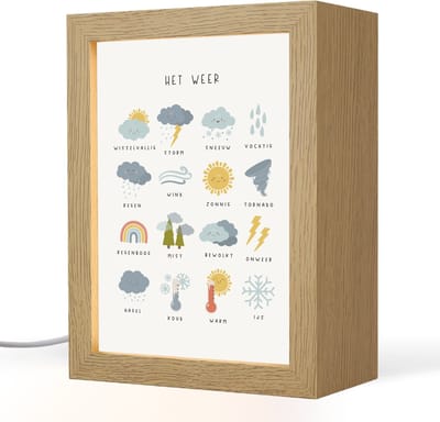 Nachtlampje 15x20 cm - Kinder lampje - Het weer - Leren voor kinderen - Educatief - Regenboog - Zon - Tafellamp kinderkamer - Slaapkamer lamp - Bedlamp kinderen - Kinderlampje stopcontact - Wandlamp babykamer - Nachtlampjes