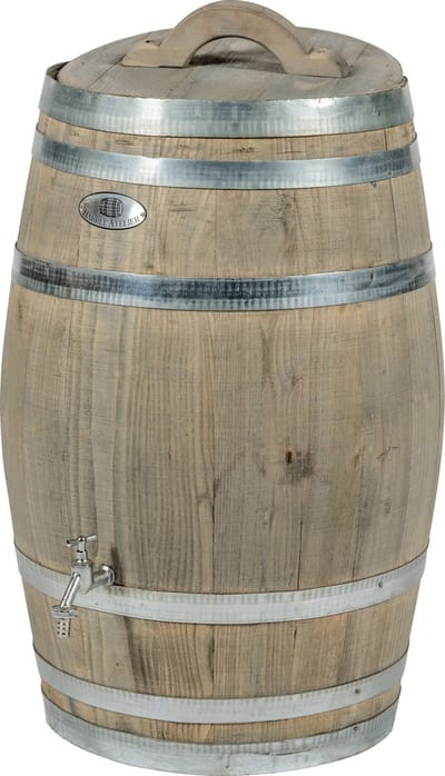 Regenton nieuw "Grey" 100 l. incl. kraan, los deksel, handvat en gat aan de achterzijde voor de vulautomaat / Houten Regenton / Grijs