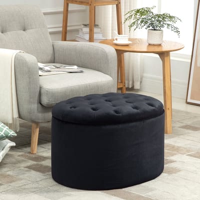 MODFU - Opbergbank - Ovale Vorm - Geknoopt Design - Voor Woonkamer Of Slaapkamer - Polyester - Zwart - 71 X 52 X 42 Cm
