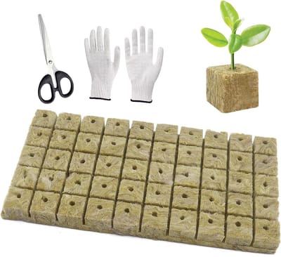 50 Stuks Rockwool Groei Cubes voor Planten, Inclusief Scharen en Grondloze Kweekhandschoenen voor Propagatie