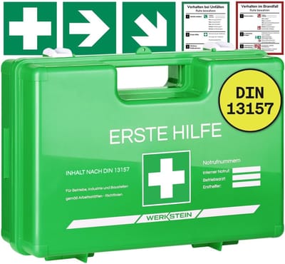EHBO-Koffer DIN 13157 – Verbanddoos inclusief praktische Wandhouder, 5 stickers, Gezichtsmaskers, Vochtige Doekjes & Verzegeling – EHBO-koffer voor bedrijven, instellingen & thuis