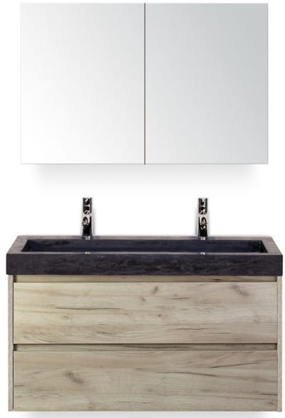 Dante Badmeubelset 100 cm - Craft Oak - Wastafel Hardsteen Wit Lucca 2 Kraangaten met Spiegelkast