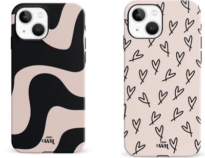xoxo Wildhearts telefoonhoesjes All Yours Beige & Zwart + Ride With Me Zwart & Beige – Double Layer Hard Cases met hartjes & golven – stevig & stijlvol – geschikt voor iPhone 15