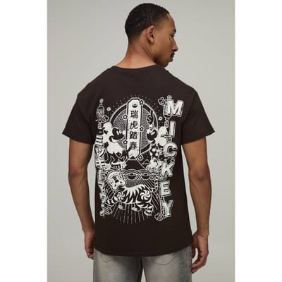 Oversized Mickey Oriëntaal Licentie Print T-shirt | Chocolate | Size Large