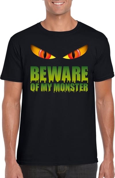 Halloween t-shirt zwart heren met enge ogen - Beware of my monster S