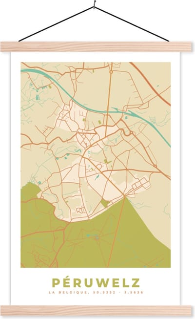 Posterhanger incl. Poster 40x60 cm - Schoolplaat - Stadskaart - Retro - Péruwelz - Kaart - Plattegrond - Textielposter - Blanke latten - Stadskaart