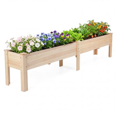 COSTWAY Houten Verhoogd Tuinbed, Plantbed voor Kinderen, 240 x 43,5 x 51,5 cm, 2 Plantvakken, Bloempot met Afwateringsgaten, Rechthoekig Kruidentuintje, Zaailingbed, Tuinbed, Tuin, Terras, Balkon, Natuurlijk