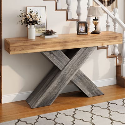 FloraGrace Consoletafel - Smal Met X-Vormige Steunen - Voor Hal En Woonkamer - Spaanplaat - 140x30x80 Cm - Naturel