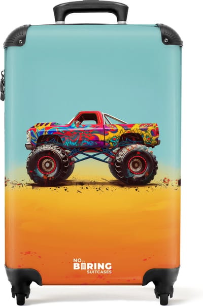NoBoringSuitcases.com® - Kinderkoffer - Kindertrolley - Monstertruck met graffit print in het zand - Handbagage koffer lichtgewicht - Reiskoffer trolley - Rolkoffer met wieltjes - Past binnen 55x40x20 en 55x35x25