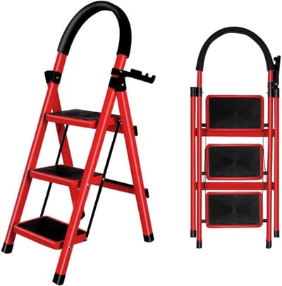 Huishoudelijke ladder - Opvouwbare trap - Veilig klussen - Met antislip pedaal - 3 treden - Wit