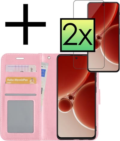 Hoesje - Met 2x Screenprotector - Geschikt voor OnePlus Nord 3 - Luxe Pasjeshouder - Bookcase Portemonee - Flip Case - Kunstleer Book Case - Flipcase Hoes - Book Cover - Walletcase - Portemonneehoes - Lichtroze