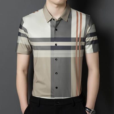 Zomerse Heren Korte Mouw IJszijde Shirt, Naadloos, Strijkloos, Los Gestreept Zakelijk Casual Halfmouwig Shirt, Herenkleding XXXL gray