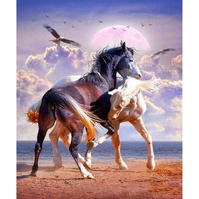 Peinture diamant thème 2 chevaux, broderie complète ronde, point de croix, mosaïque à faire soi-même 20X30CM white