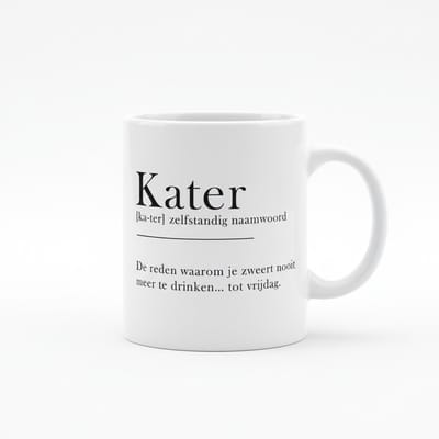 Grappige Kater Definitie Koffiemok 330 ml – Humoristische Keramische Mok over Katers en Vrijdag