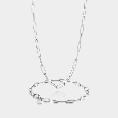 Paperclip Ketting 3 mm x Paperclip Armband 3 mm - Zilveren Schakelketting en Schakelarmband Heren - 50/19 cm lang - Olympus Jewelry