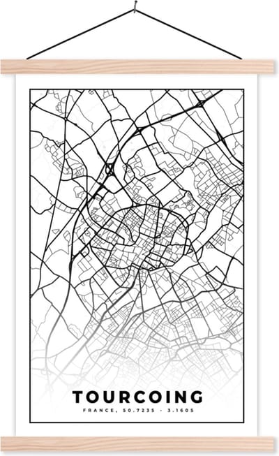Posterhanger incl. Poster 40x60 cm - Schoolplaat - Stadskaart - Tourcoing - Plattegrond - Kaart - Frankrijk - Zwart wit - Textielposter - Blanke latten - Stadskaart