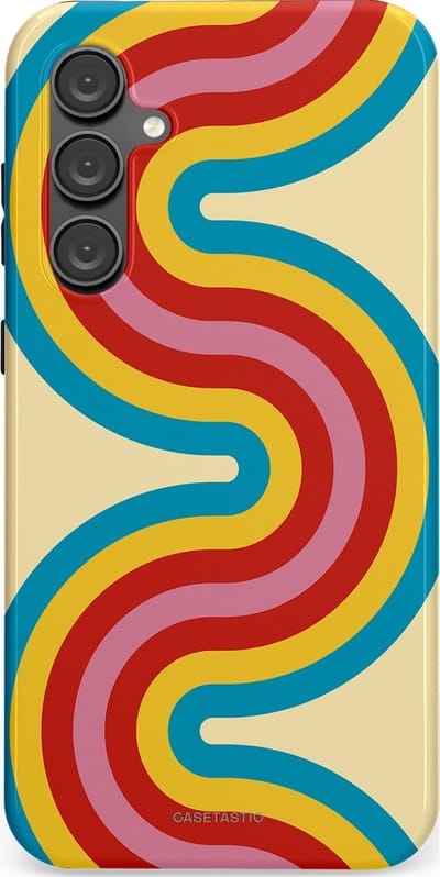 Casetastic hoesje geschikt voor Samsung Galaxy S23 FE - Dubbellaagse bescherming - Retro kronkels - Fashion Case - Crème Lichtblauw Goud Rood