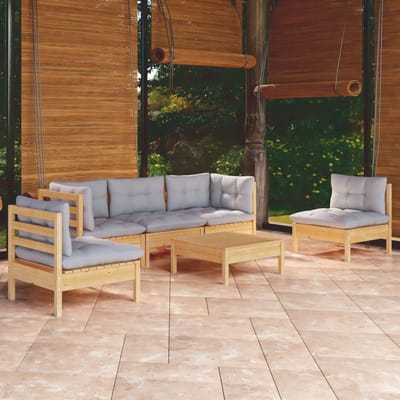 vidaXL - 6-delige - Loungeset - met - grijze - kussens - massief - grenenhout