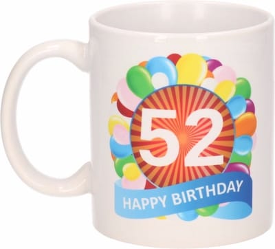 52 jaar Verjaardag koffiemok - cadeau beker - feestelijke ballonnen print - 300 ml - keramiek - wit