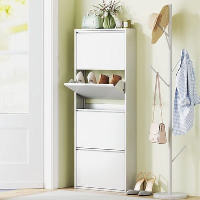 Wishdor - Schoenenkast - 4 Kleppen - Ruimtebesparend - Modern - Voor Hal - Metaal - Wit - 55 x 15 x 139,5 cm